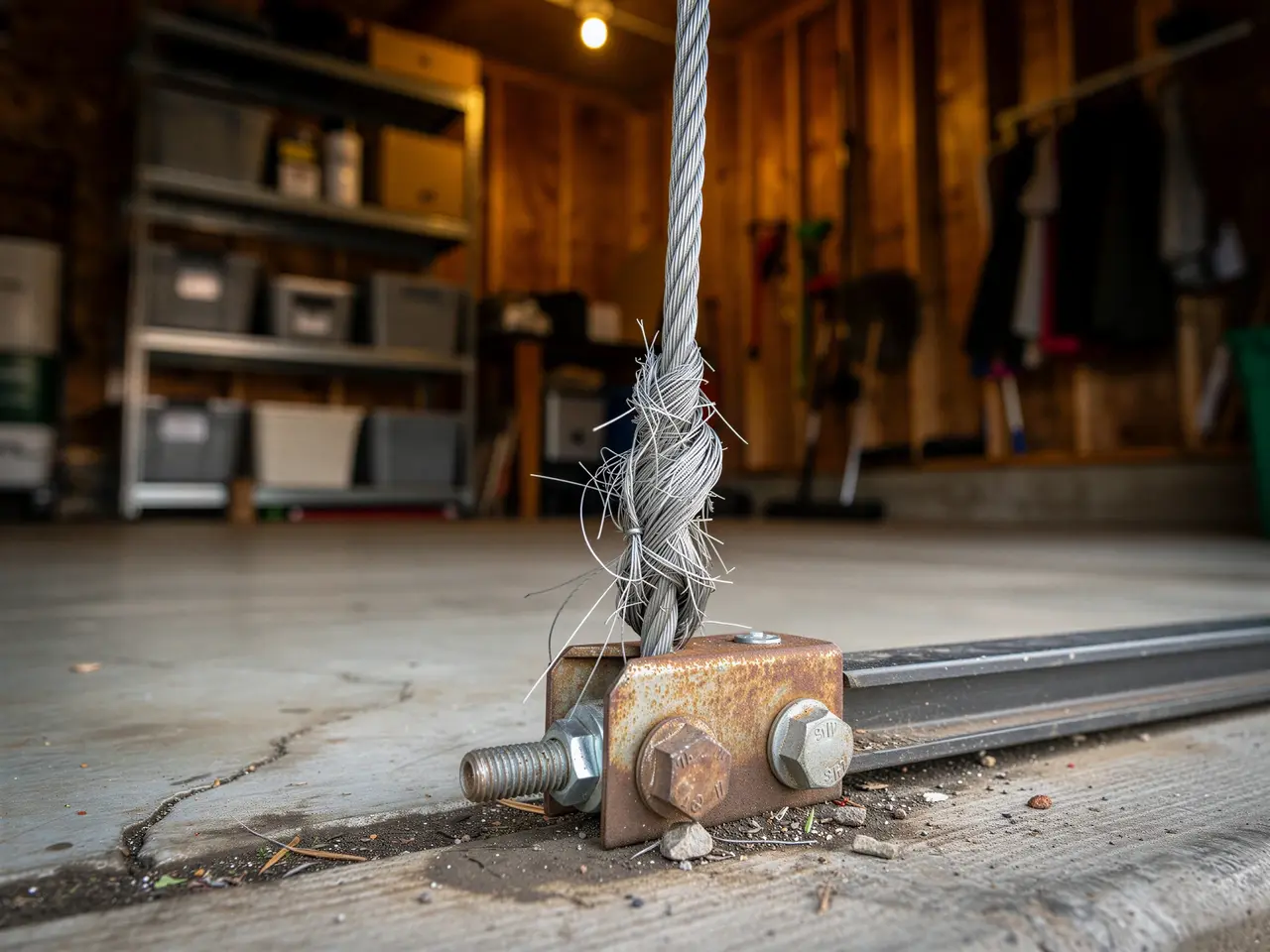 A frayed garage door cable is attached to a rusty bracket on the concrete floor.