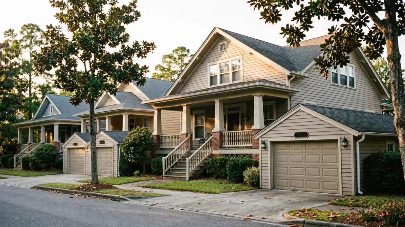 Three houses with beige garage doors are visible from the street.