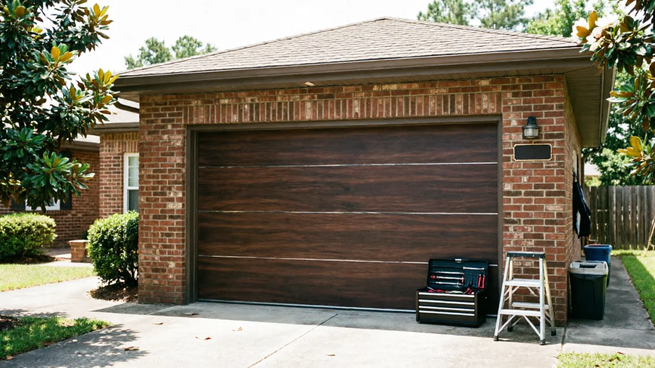 A brown garage door with horizontal lines is on a brick house with a toolbox and ladder.