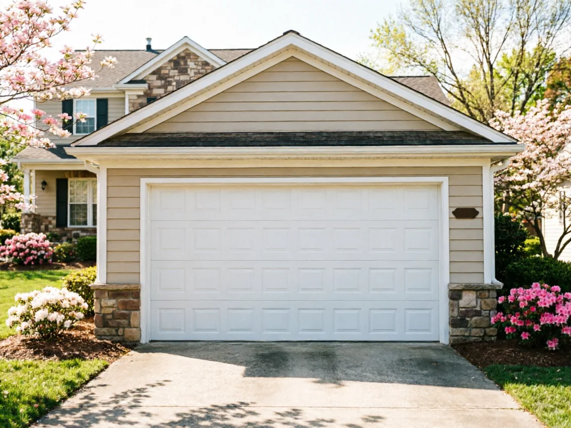 The house has a white garage door, tan siding, and stone accents.